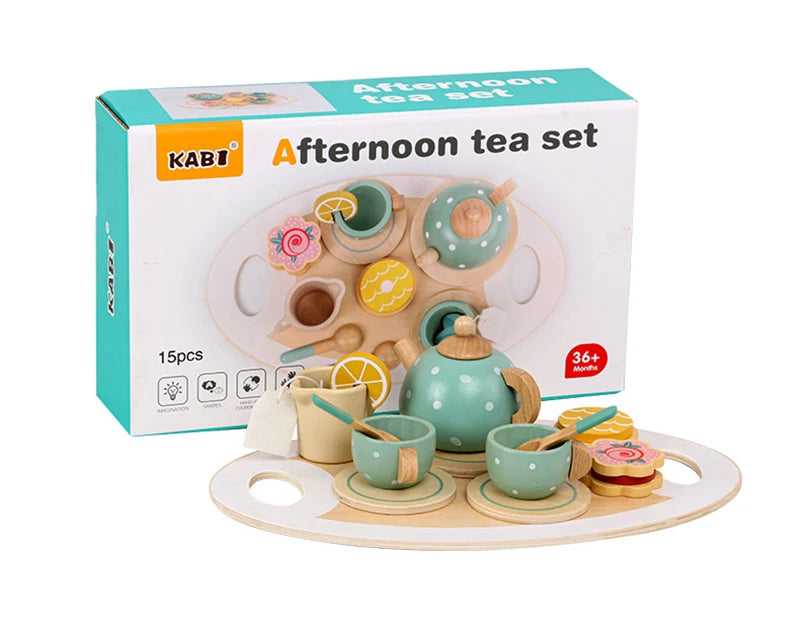 Wooden Afternoon Tea Set Toy Pretend Play Food Learning Role Play Game Early Educational Toys for Toddlers Girls Boys Kids Gifts