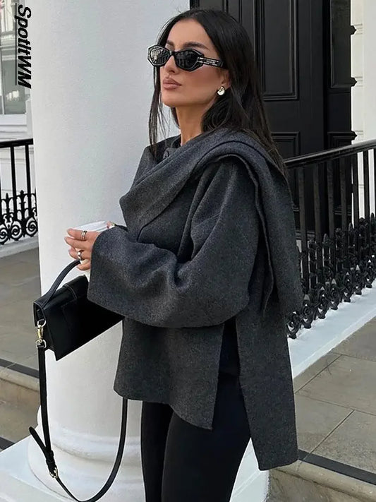 Autumn Short Gray Knitted Cape Coat with Scarf Women Fashion Long Sleeve Loose Cardigan Female Winter Elegant Chic Streetwear