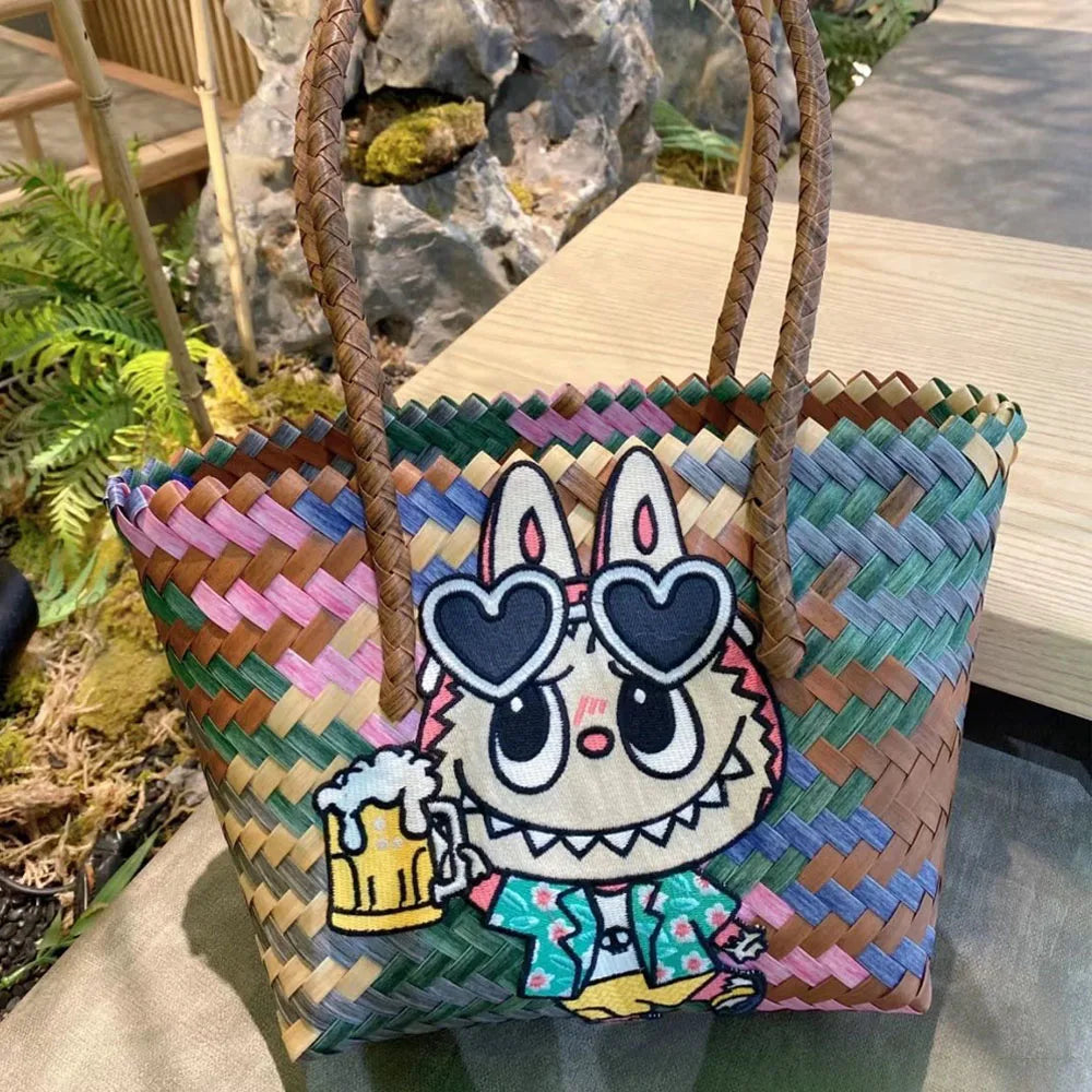 Cartoon Creativity Labubu Hand Woven Women's Shoulder Bag Handbag Cute High-Capacity Student Commuting Package Practical Gift