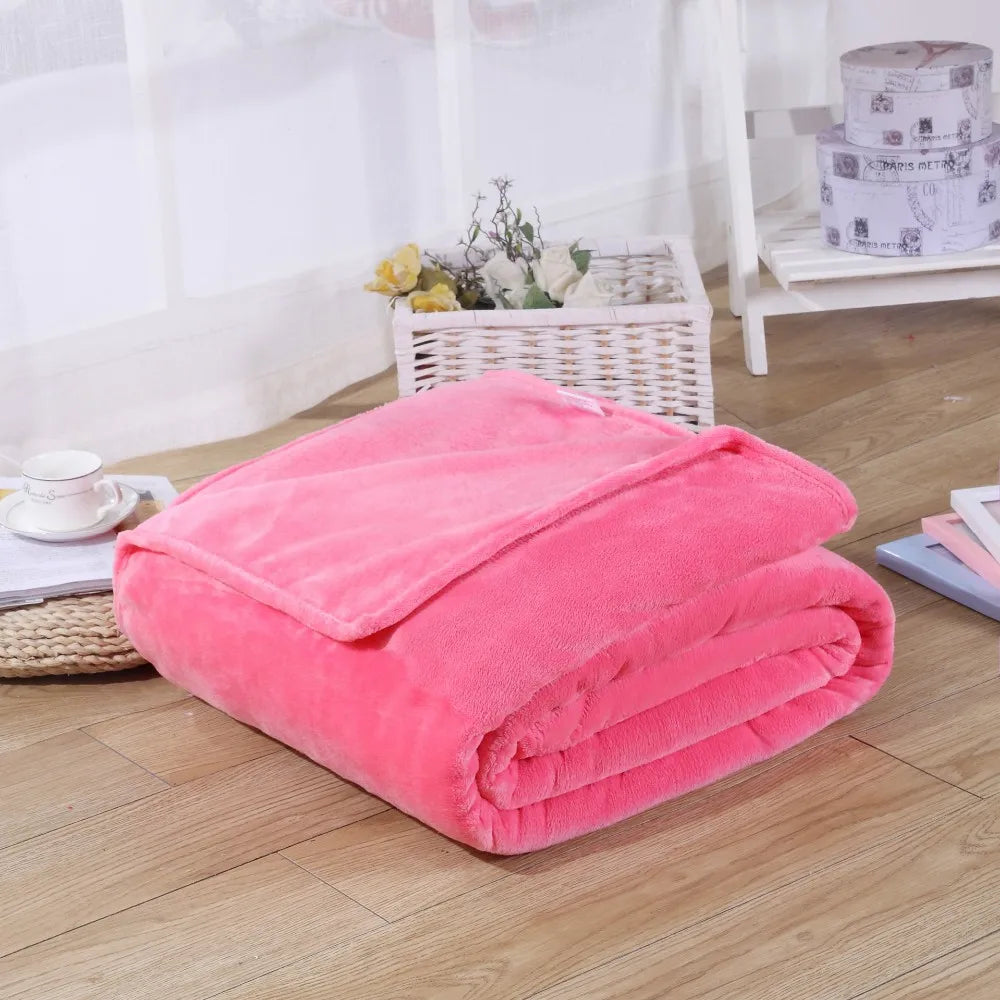 230GSM Coral Fleece Flannel Blankets For Beds Solid Blue Pink Soft Warm Thin Bedspread Sofa Cover Faux Fur Plaid Blanket