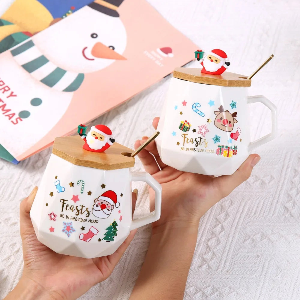 Christmas Gift Set: Warm 55℃ Ceramic Mug with Lid featuring Santa Claus for Office or Home Use