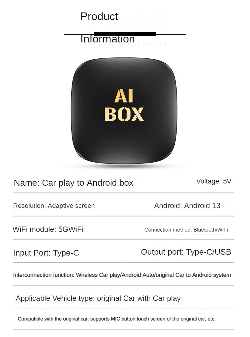 Android 13 Ai Box Wired to Wireless Carplay Android Auto Adapter WiFi For Youtube Nexflit Cars Smart Ai Box Bulit in Play Stroe