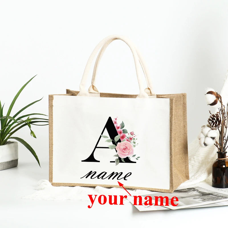 Custom Name Burlap Tote Shopper Bridesmaid Jute Gift Bag Linen Personalized Bridal Party Bachelore Wedding Goodie Bag Girls Trip