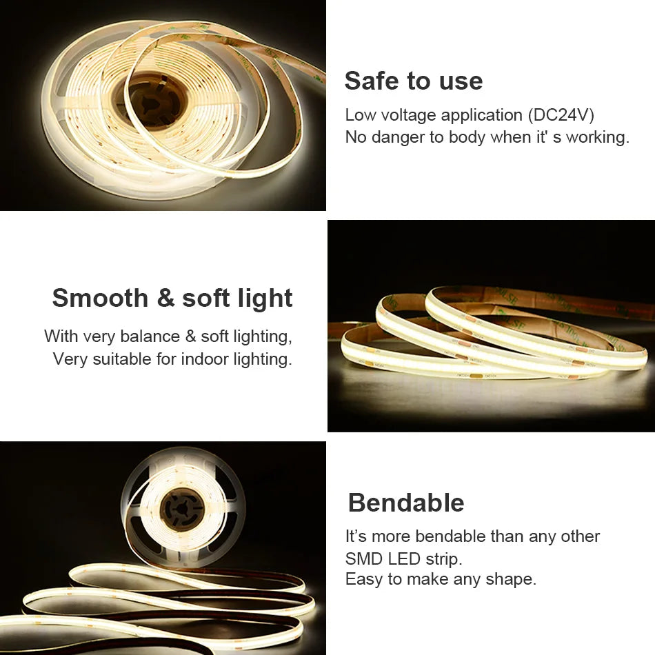 COB LED Strip Light IP65 Waterproof 480 LEDs/m High Density Flexible Tape Ribbon RA90 3000K 4000K 6500K Led Lights DC24V 5m