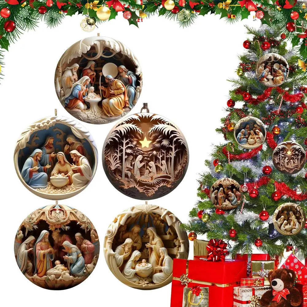 5pcs Nativity Christmas Tree Pendant Jesus Christ Hanging Ornaments 2D New Year Acrylic Exquisite Festival Gift Home Decor