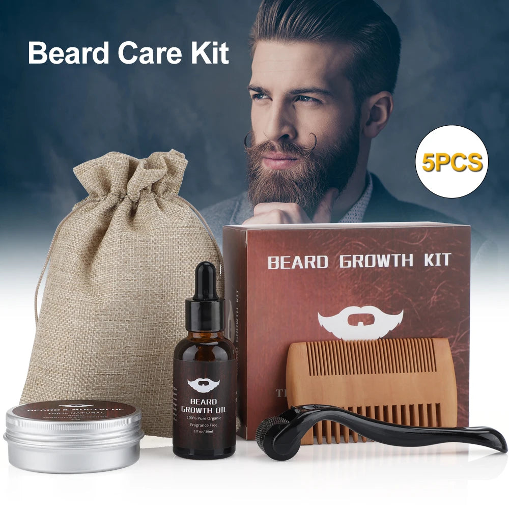 4pcs/set Beard Growth Kit Hair Enhancerbeard Essential Oil Moisturizing Hair Wax Roller Comb For Men Barbe Beard Styling Care