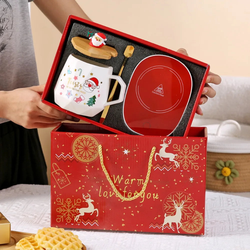 Christmas Gift Set: Warm 55℃ Ceramic Mug with Lid featuring Santa Claus for Office or Home Use