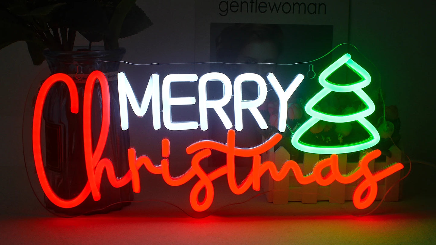 Merry Christmas Neon Sign Red Green LED Lights With Small Decor Dimmable Room Decoration For Festival Home Party Wall Lamp Signs