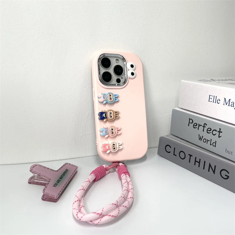 3D Labubu Cartoon Phone Case For iPhone 16 promax 15 14 Plus 13 12 11 Pro Max Mini With Wrist Strap Cute Eyes Soft Cover