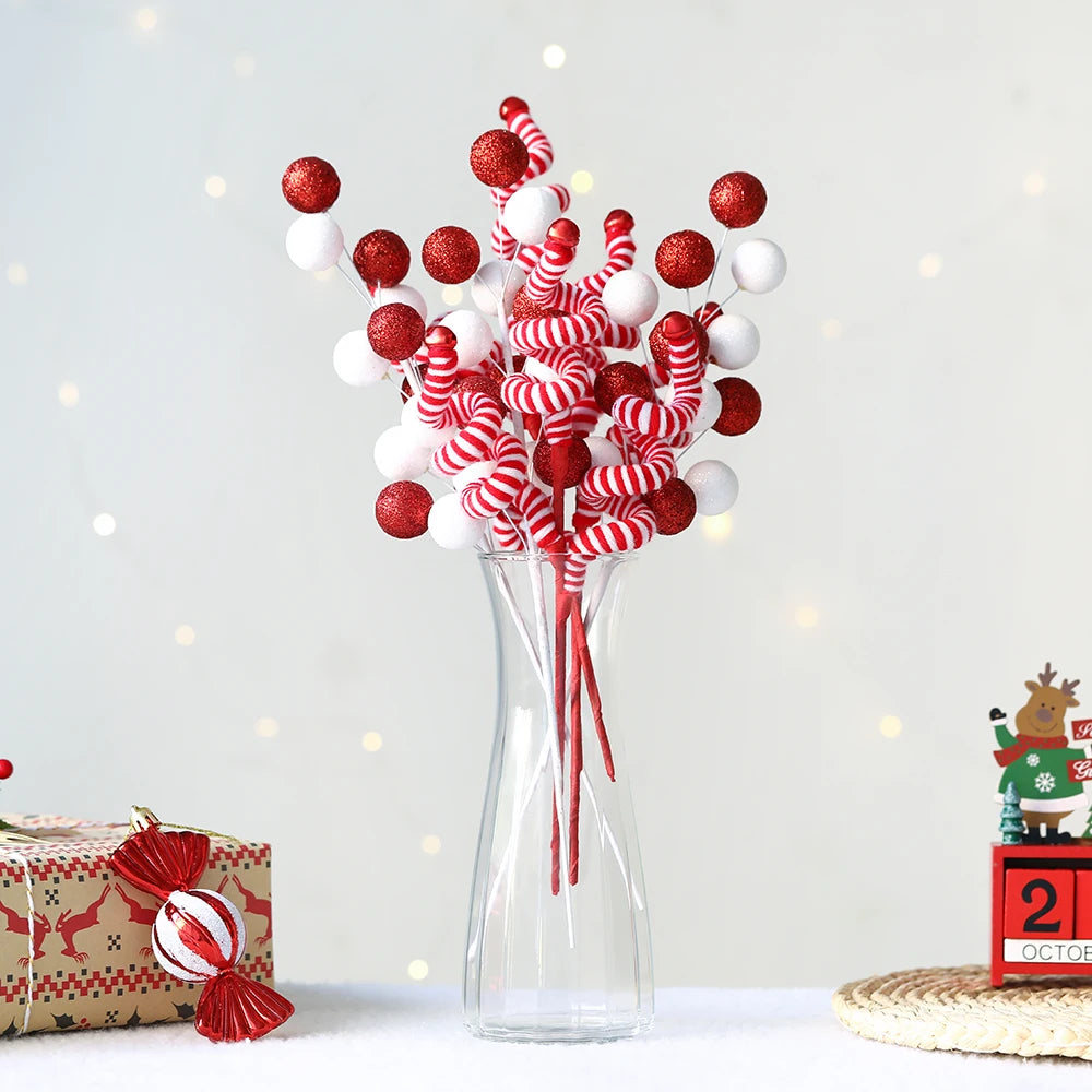 1pc Red White Ball Bouquet Striped Wool Branches Christmas Ornaments Home Cuttings New Year Gifts Christmas Decoration Navidad