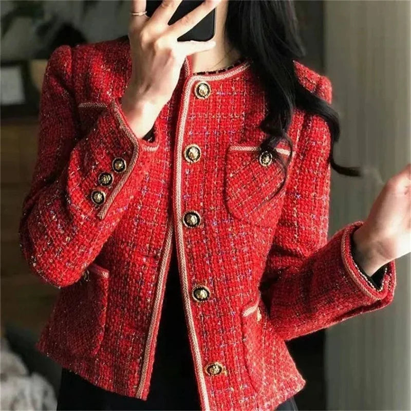 Vintage Red Tweed Coat Women's 2024 Autumn/Winter New French Vintage Loose and Versatile Show Thin Temperament Woolen Jacket Fem