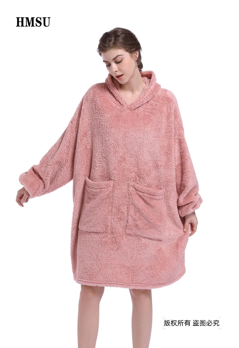 HMSU Oversized Hoodie Blanket With Sleeves Sweatshirt Plaid Winter Fleece Hoody Women Pocket Female Hooded Sweat Oversize Femme