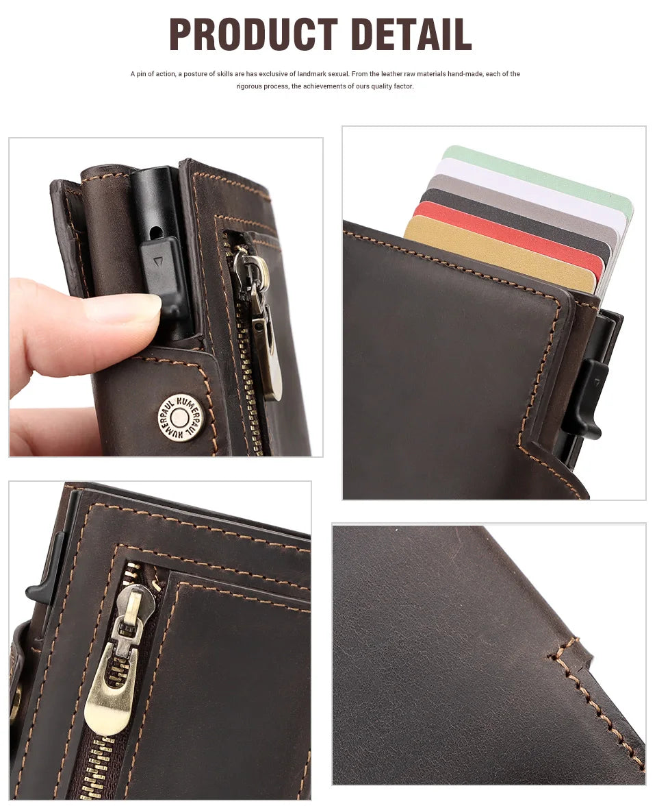 Genuine Leather Men's Short Wallet Small Mini Money Clip RFID BLocking Credit Automatic  Card Holder with Free Engraving Service