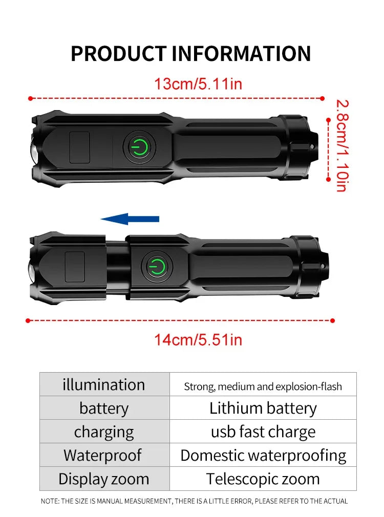 LED Telescopic Zoom Strong Light Flashlight USB Charging Compact Portable Focused Long-range Portable Household Flashlight