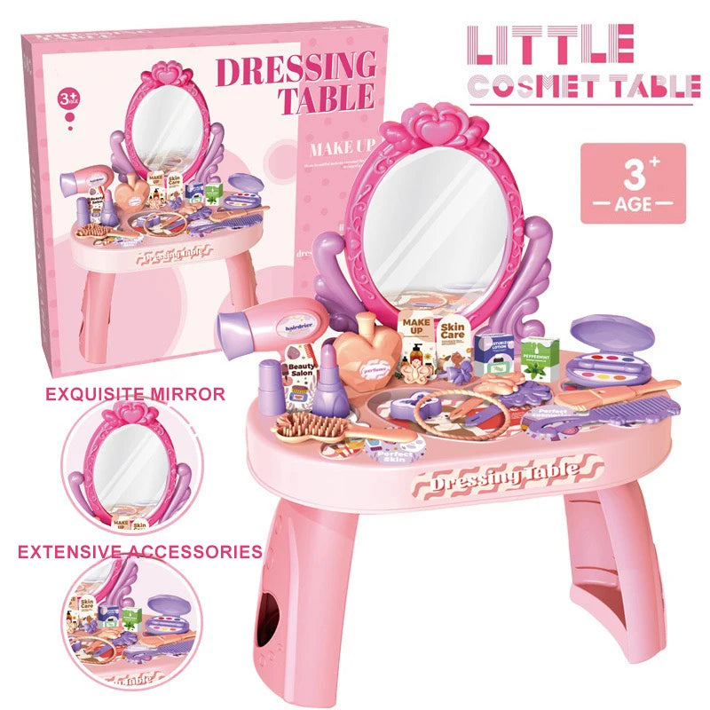 Dressing Table Role Play Set Toy Kids Girls Pink Vanity Mirror Make Up Desk Beauty Sets Toy Play for Pre-Kindergarten Children