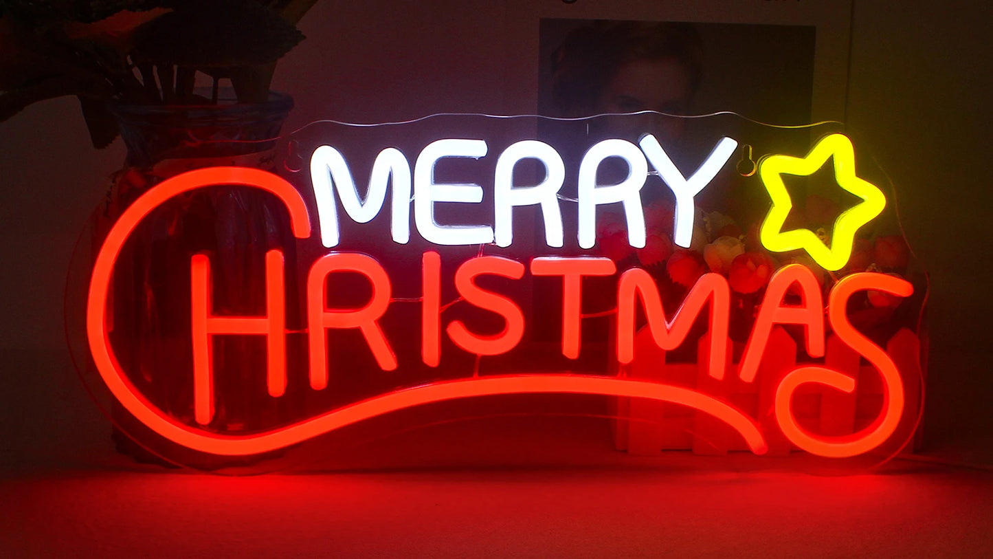 Merry Christmas Neon Sign Red Green LED Lights With Small Decor Dimmable Room Decoration For Festival Home Party Wall Lamp Signs