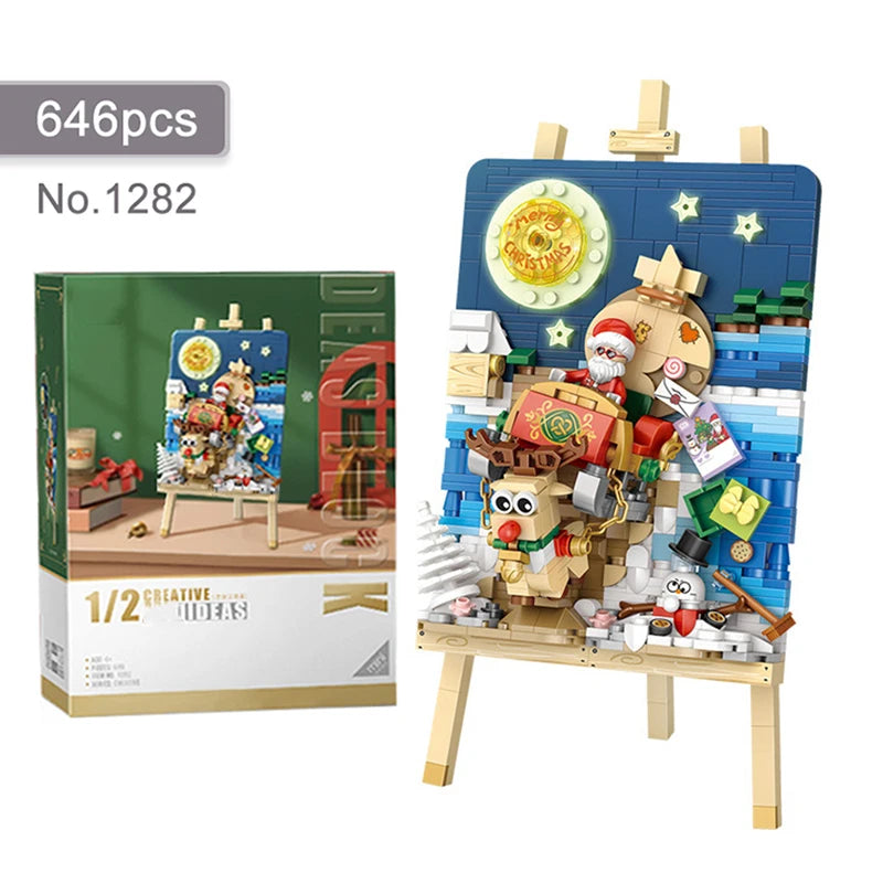 Mini Building Blocks Christmas Sleigh Easel Model Ornaments DIY Puzzle Assembled Bricks Children's Toys Gifts Home Decoration