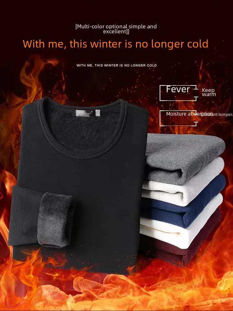 Men's Winter Thermal Underwear Tops Fleece-lined Thickened Warm Sweatshirt Solid Color O-neck V-neck Base Shirt Large Size 5XL