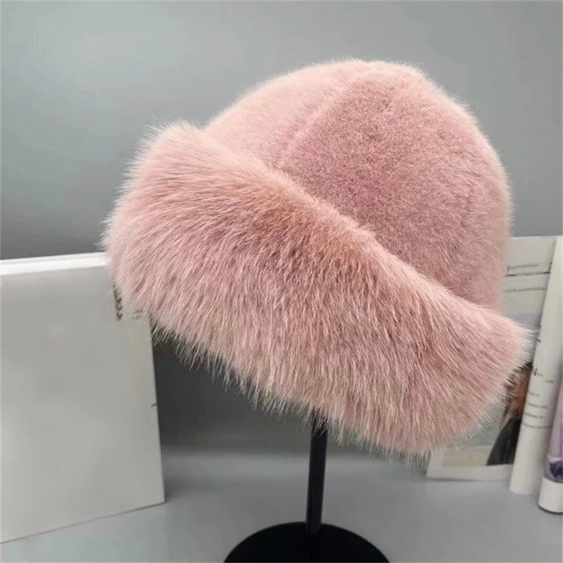 Winter Plush Hat Women Thickened Warm Bucket Hats For Women Men Simple Imitation Fur Ear Protection Cap Windproof Fisherman Cap