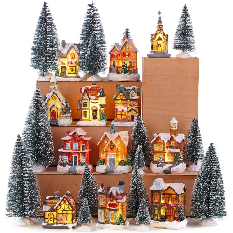 Mini LED Christmas Village Houses Building Xmas Winter Village Town Buildings Collection Home Indoor Room Decoration Xmas Gifts