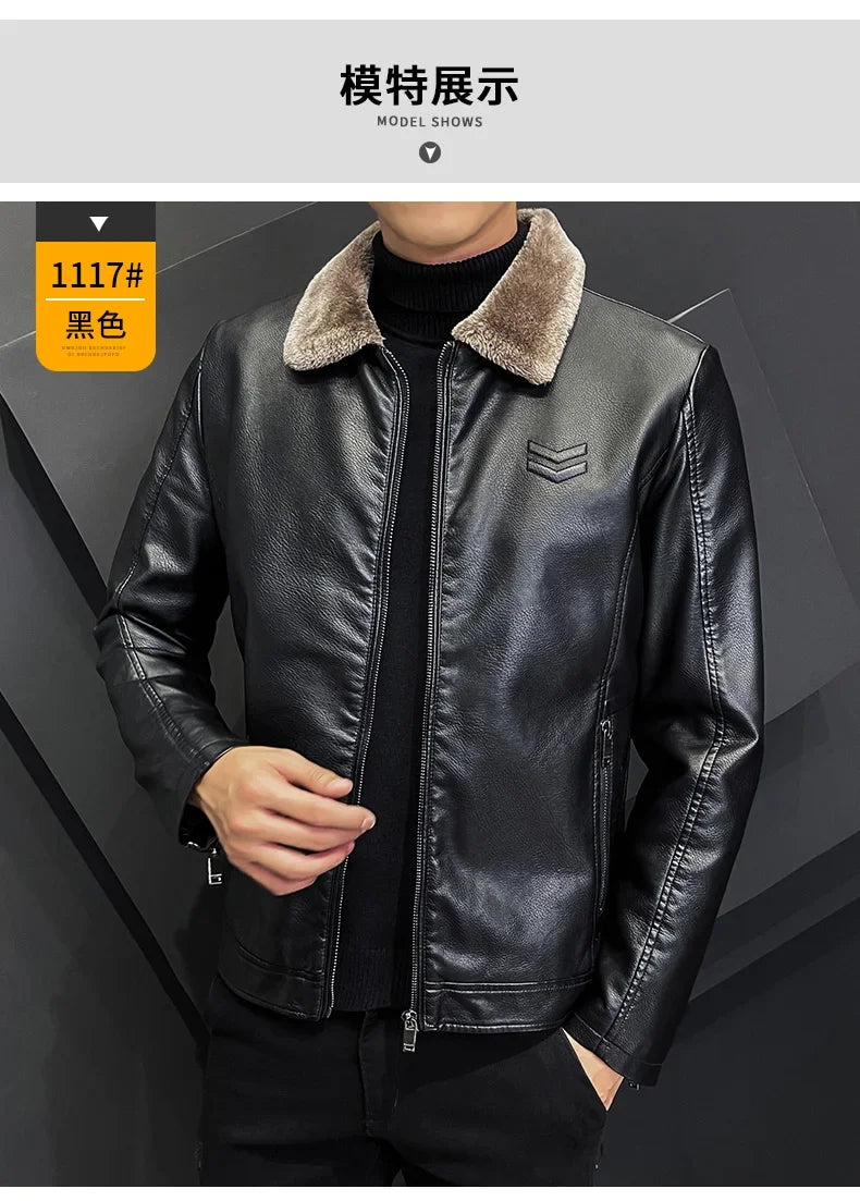 Vintage Brown Leather Jacket Men's Winter Faux Fur Collar Windproof Warm Coat Men's Luxury Clothing Brand chaqueta cuero hombre