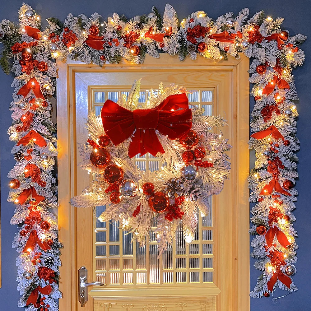 Christmas Wreath Rattan Set Christmas Decoration 2025 Red Bow Wreath For Front Door Xmas Decor Flower Garland Outdoor Home Decor