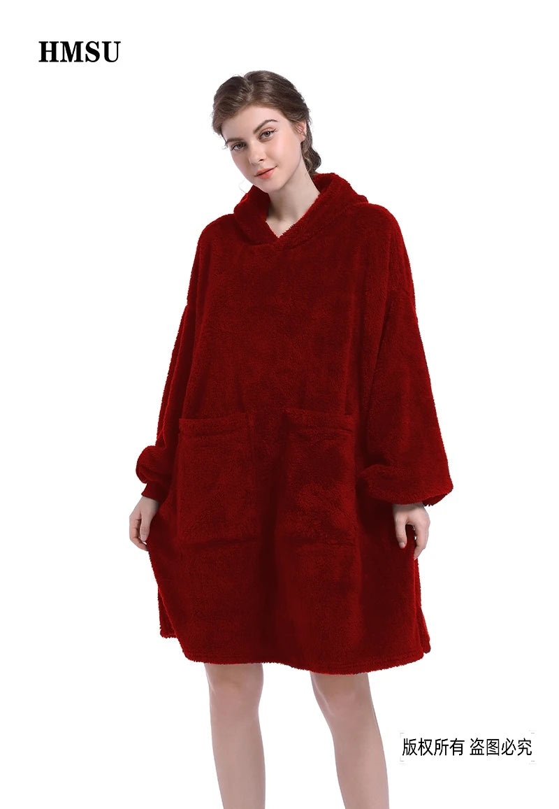 HMSU Oversized Hoodie Blanket With Sleeves Sweatshirt Plaid Winter Fleece Hoody Women Pocket Female Hooded Sweat Oversize Femme