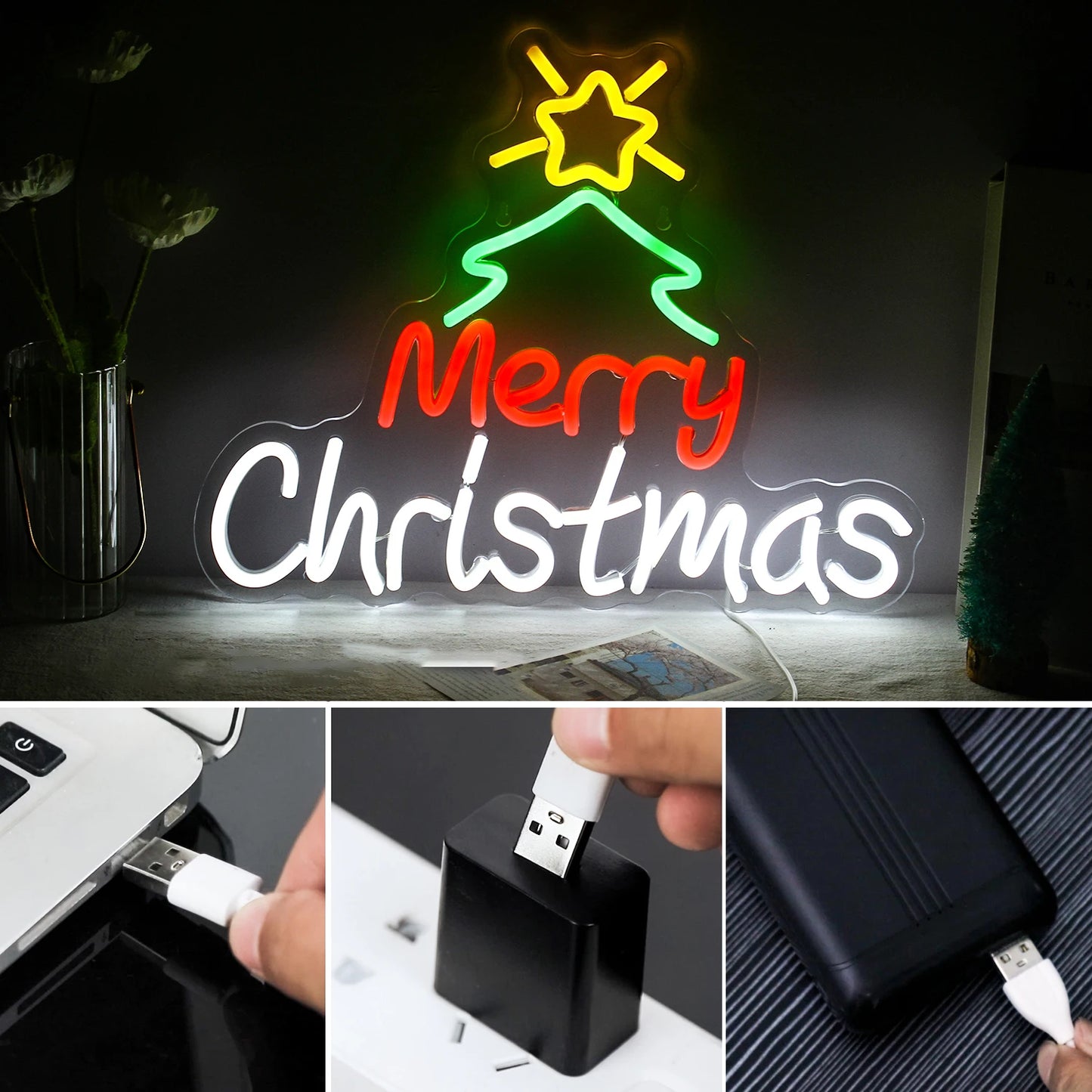 Merry Christmas Neon Sign Red Green LED Lights With Small Decor Dimmable Room Decoration For Festival Home Party Wall Lamp Signs