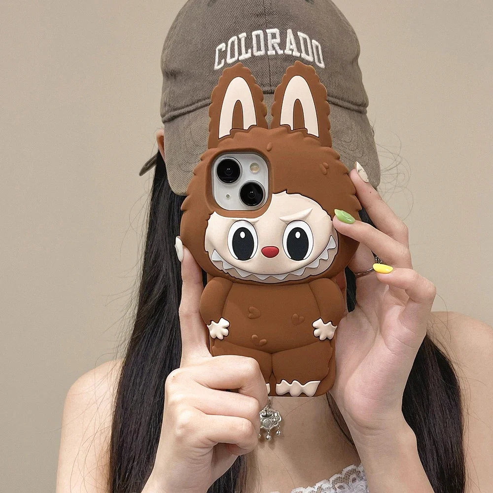 3D Cartoon Stereoscopic Brown Labubu Phone Case for IPhone 16 15 14 13 12 11 Pro Max Soft Silicone Back Cover Girl Gift