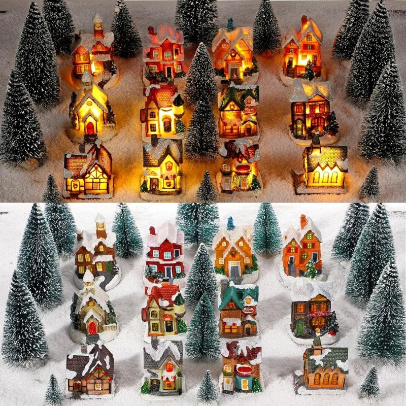 Mini LED Christmas Village Houses Building Xmas Winter Village Town Buildings Collection Home Indoor Room Decoration Xmas Gifts