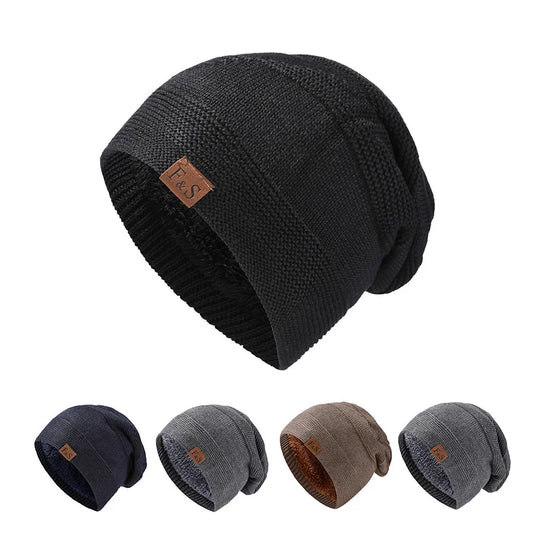 New Unisex Slouchy Winter Hats Add Fur Lined Men And Women Warm Beanie Cap Casual Label Decor Winter Knitted Hats