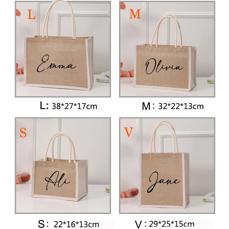 Custom Name Jute Handbag with Name Wedding Bachelorette Party Bridesmaid Gift Bag Personalized Girls Trip Beach Bags Burlap