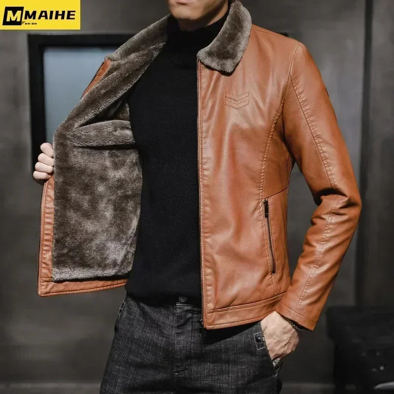 Vintage Brown Leather Jacket Men's Winter Faux Fur Collar Windproof Warm Coat Men's Luxury Clothing Brand chaqueta cuero hombre