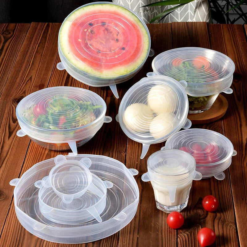 6Pcs/lot Food Adjustable Elastic Silicone Cover Cap Universal Expandable Lids for Cans Dishes Bowl Reusable Stretch Kitchen