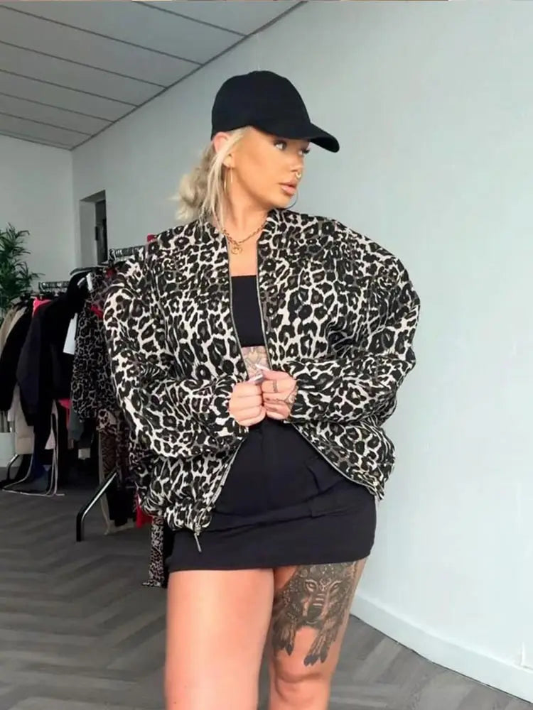 2024 Fashion Leopard Zipper Long Sleeved Women's Jacket Retro Round Neck Street Casual Outerwears New Female Autumn Commute Coat