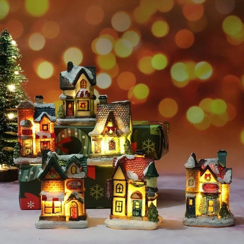 Christmas Home Decoration Miniature Village House Building Ornaments Resin LED Buildings Gift