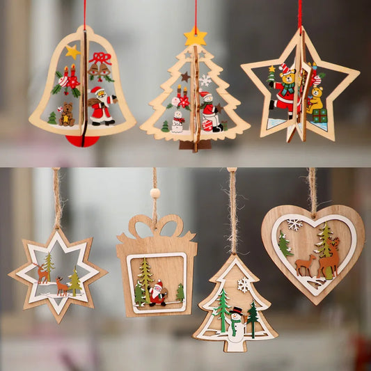 New Year 2022 Natural Wood Christmas Tree Ornament Xmas Hanging Pendants Star Xmas Tree Bell Christmas Decorations For Navidad