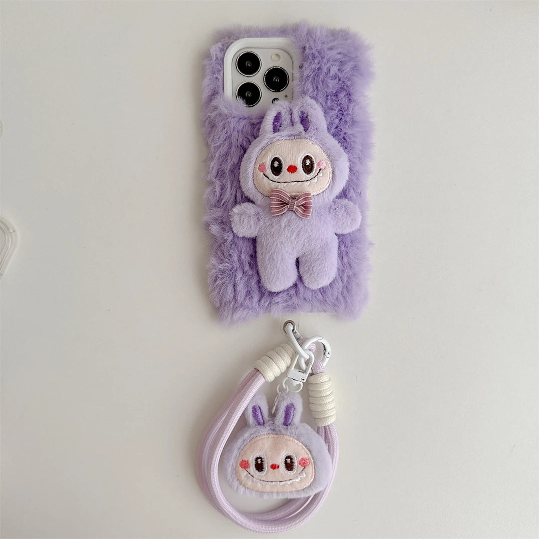 Cartoon Plush Little Monsters Labubu with Lanyard Phone Case for IPhone 16 15 14 13 12 11 Pro Max Anti-drop Back Cover Funda