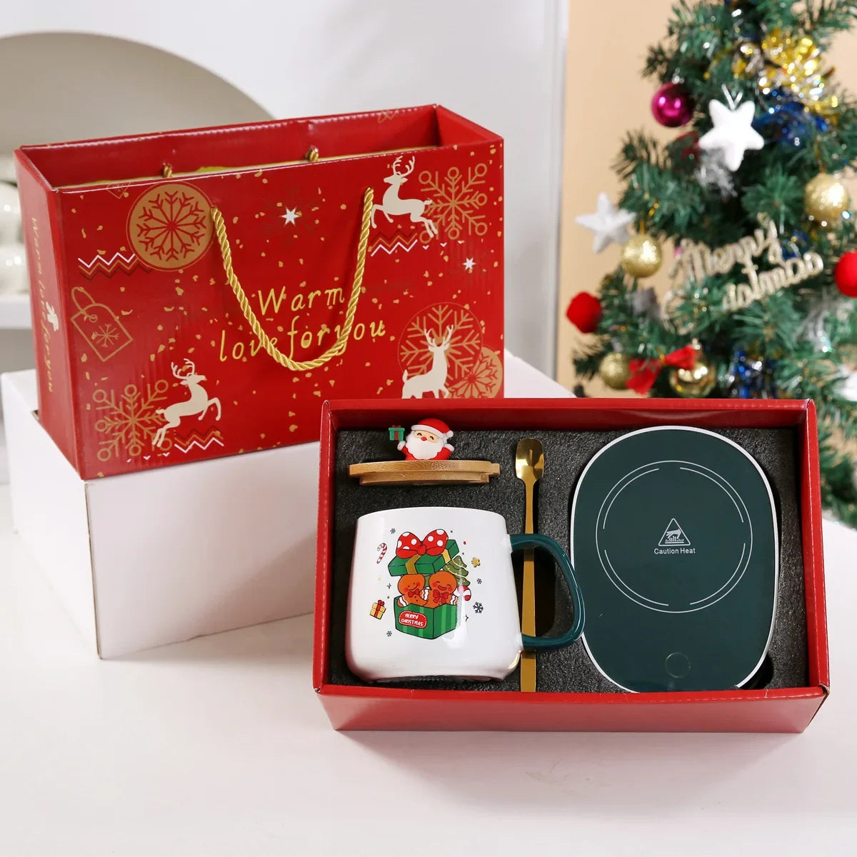 Christmas Gift Set: Warm 55℃ Ceramic Mug with Lid featuring Santa Claus for Office or Home Use