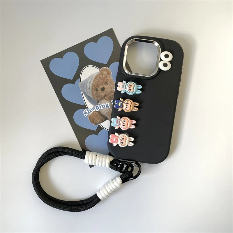 3D Labubu Cartoon Phone Case For iPhone 16 promax 15 14 Plus 13 12 11 Pro Max Mini With Wrist Strap Cute Eyes Soft Cover