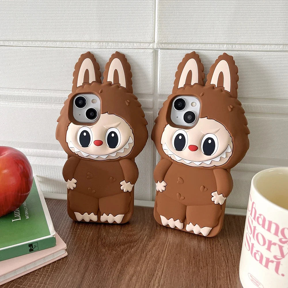 3D Cartoon Stereoscopic Brown Labubu Phone Case for IPhone 16 15 14 13 12 11 Pro Max Soft Silicone Back Cover Girl Gift