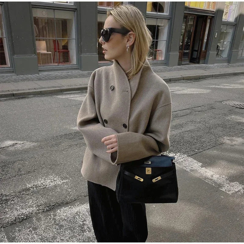 Retro Loose Casual Woolen Coats Women's Double Breasted Stand Collar Short Jacket Office Lady Autumn Winter 2024 Solid Outerwear