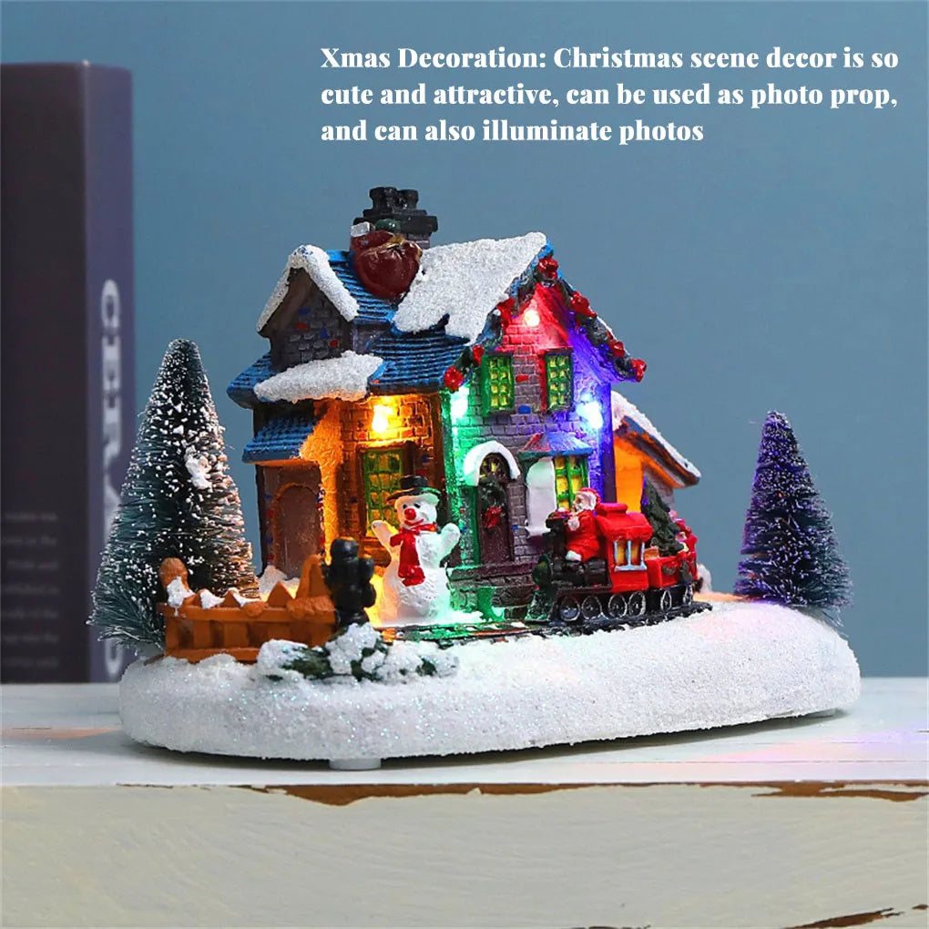 Christmas Village Figurines LED Lights Small Train Christmas Village House Luminous Landscape Figurines Resin Desktop Ornament