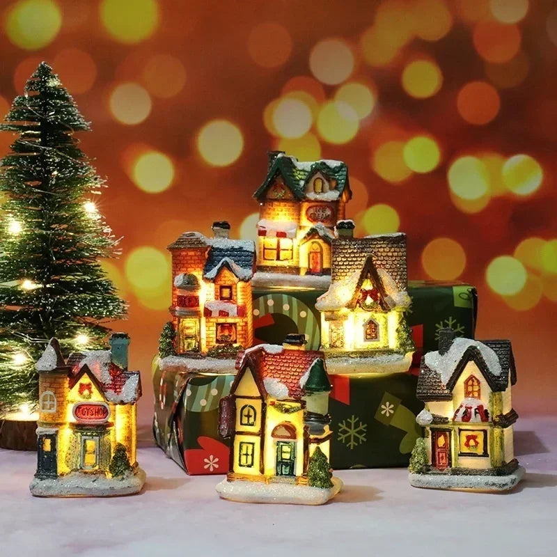 Christmas Home Decoration Miniature Village House Building Ornaments Resin LED Buildings Gift