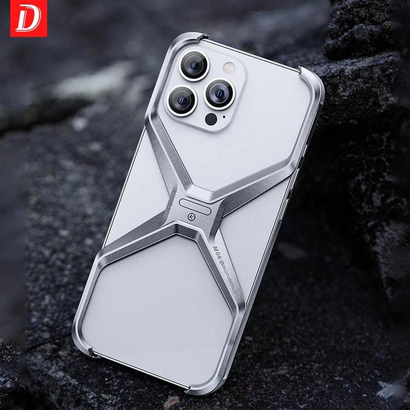 Luxury Aluminum Rimless Phone Case For iPhone 16 15 13 14 Pro Max Metal X Type Removable Heat Dissipation Armor Shockproof Cover