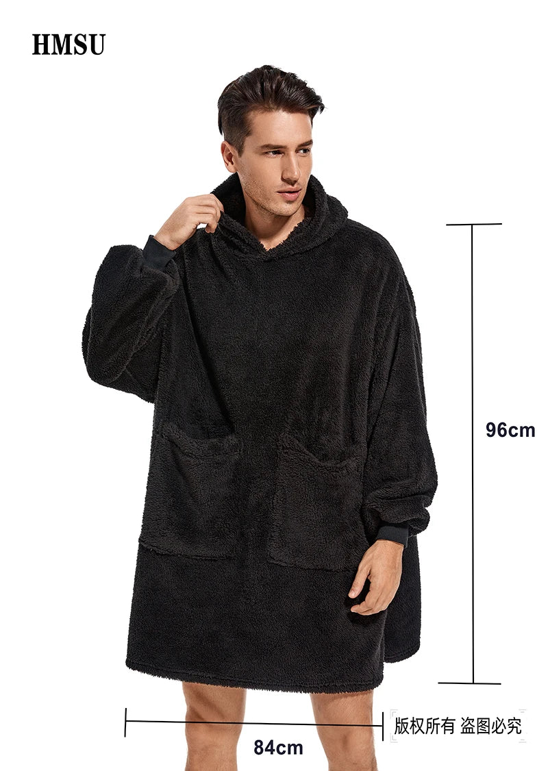 HMSU Oversized Hoodie Blanket With Sleeves Sweatshirt Plaid Winter Fleece Hoody Women Pocket Female Hooded Sweat Oversize Femme