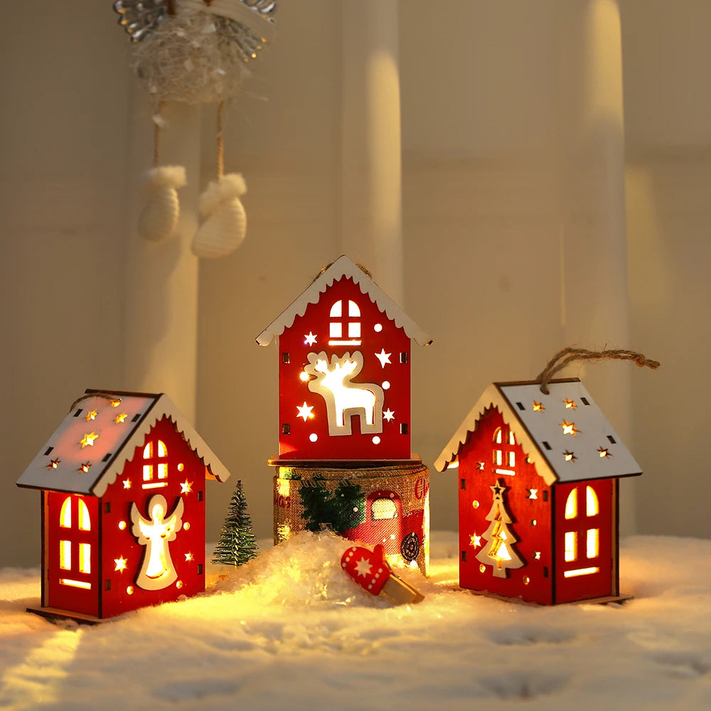 New Christmas Wooden House Pendant Snowman Elk Santa Claus Bear House Lighting Glowing Log Cabin Christmas Decoration Supplies