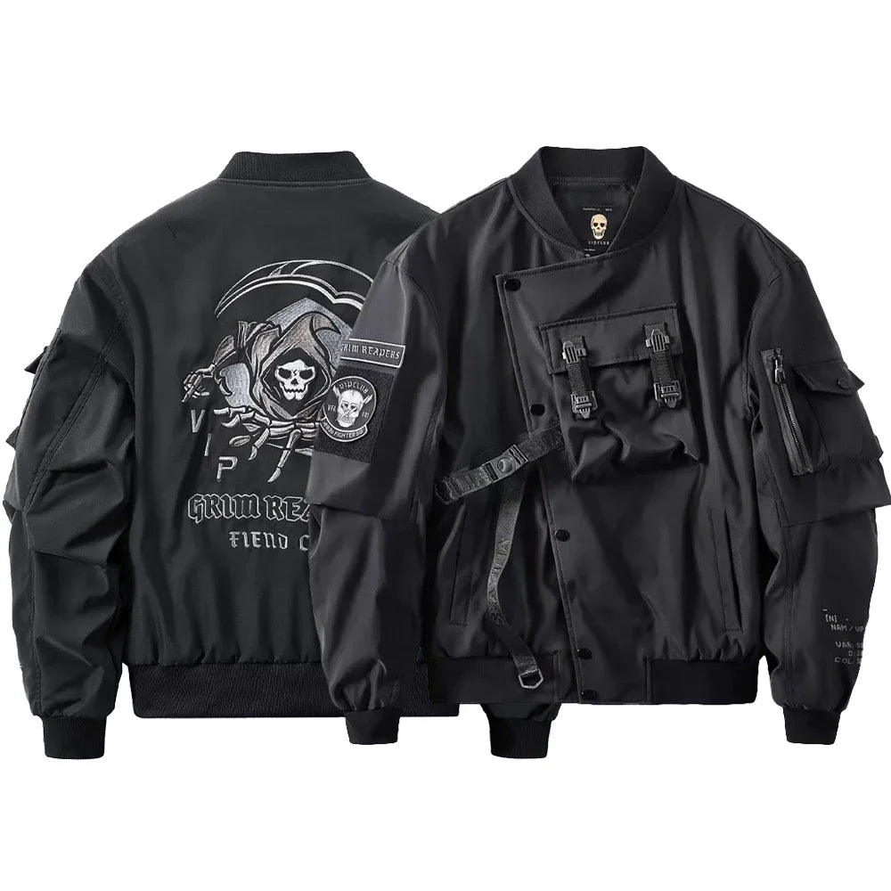 Mens Fall Winter American Street Workwear Jackets 2023 New Zipper Pocket Solid Color Skull Death Embroidery Fashion Trend Jacket