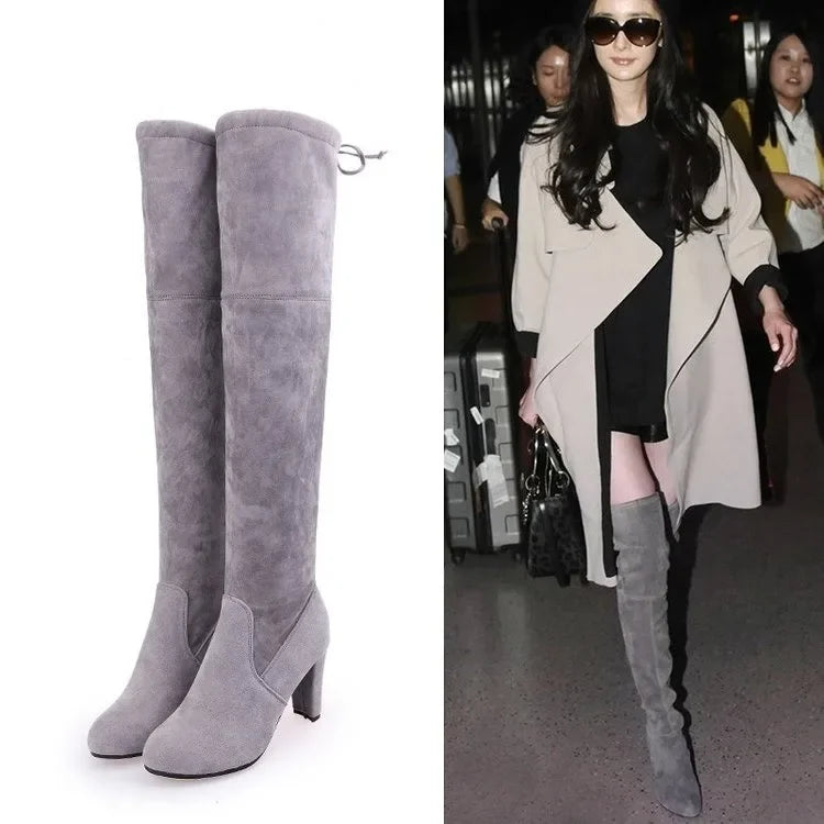 Women Over The Knee Boots Botas Mujer Invierno New Woman in Stretch Fabrics High Heel Slip on Shoes Pointed Toe Long Botte Femme