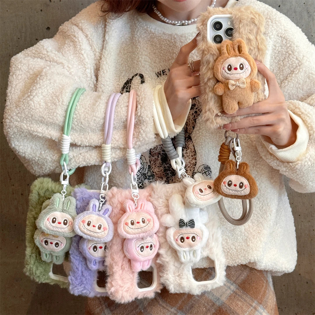 Cartoon Plush Little Monsters Labubu with Lanyard Phone Case for IPhone 16 15 14 13 12 11 Pro Max Anti-drop Back Cover Funda